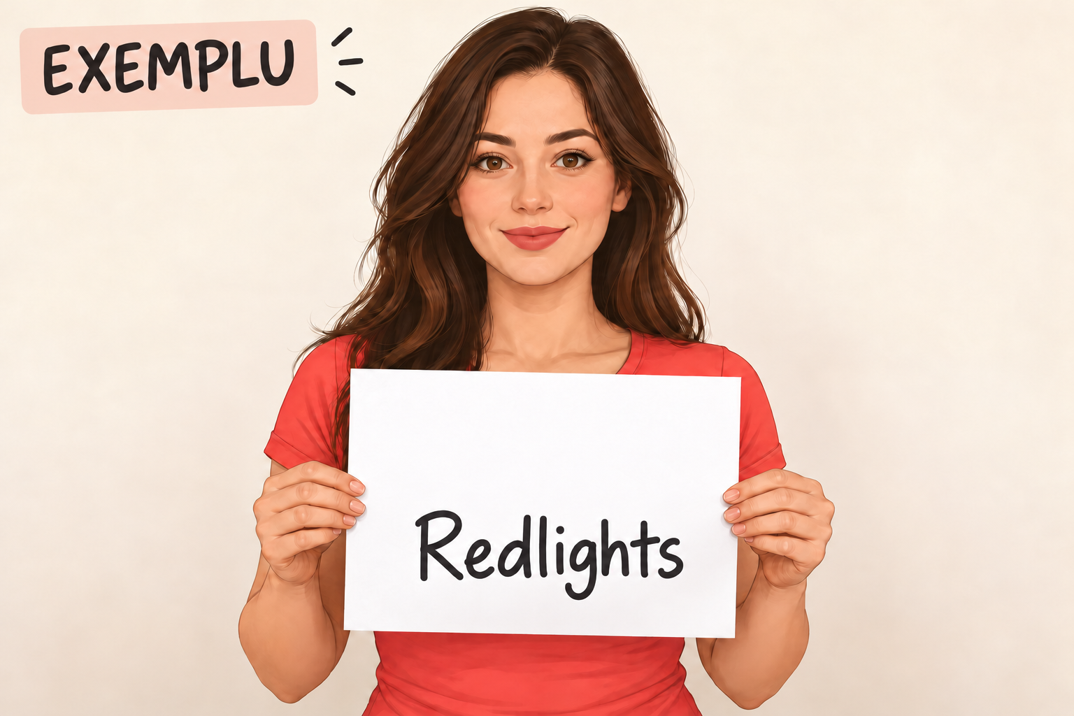 Exemplu ilustrat: o fată adultă ține la piept o foaie cu data curentă pe primul rând și Redlights pe al doilea rând; fața rămâne vizibilă.